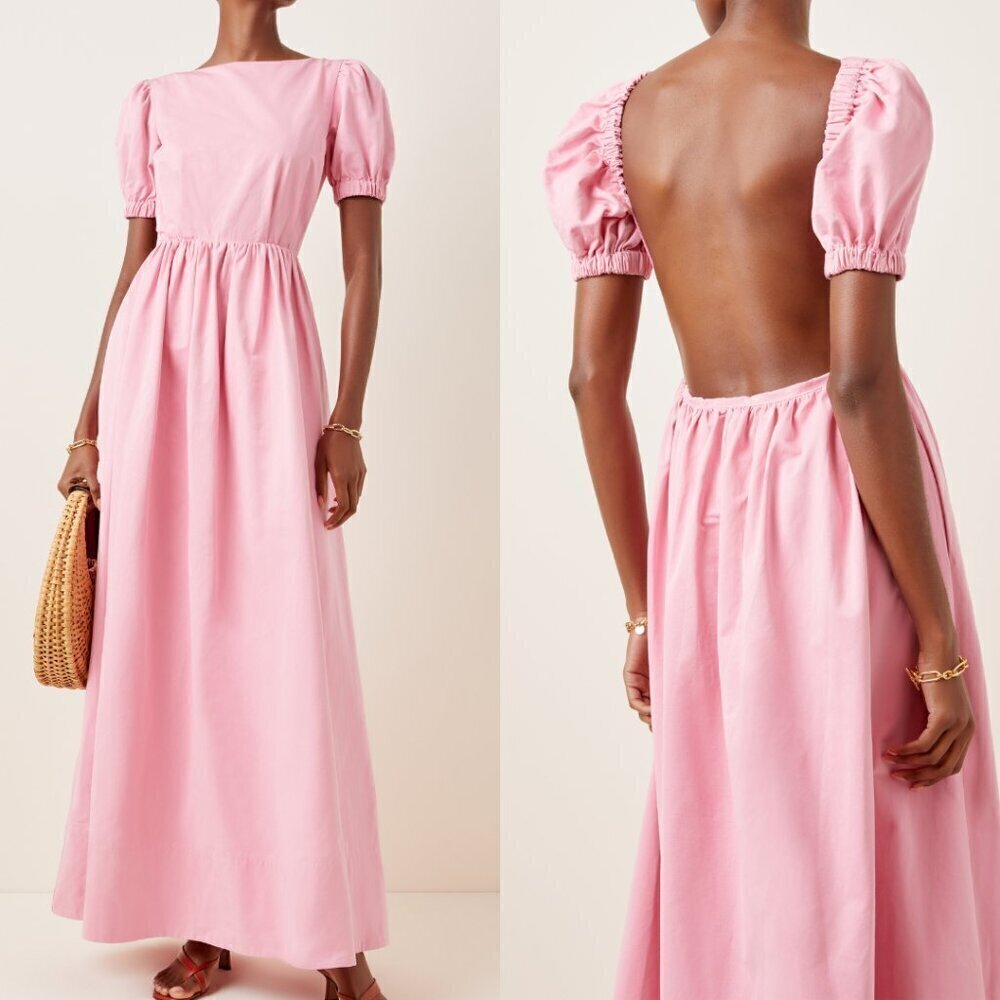NWT STAUD Alix Open Back Long Maxi Cotton Blend Summer Dress Women’s Size 4 Pink